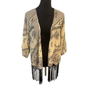 Boho Open Front Kimono With Black Fringe Trim & Floral Print Ivory & Black Light